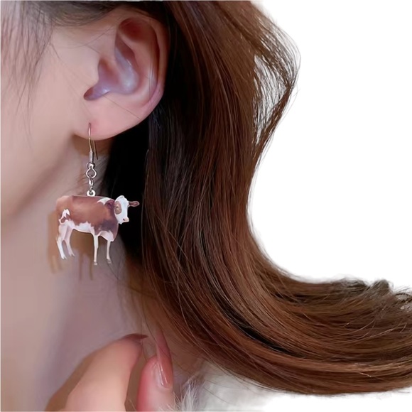 Brown and White Cow Drop Earrings - Picture 3 of 5